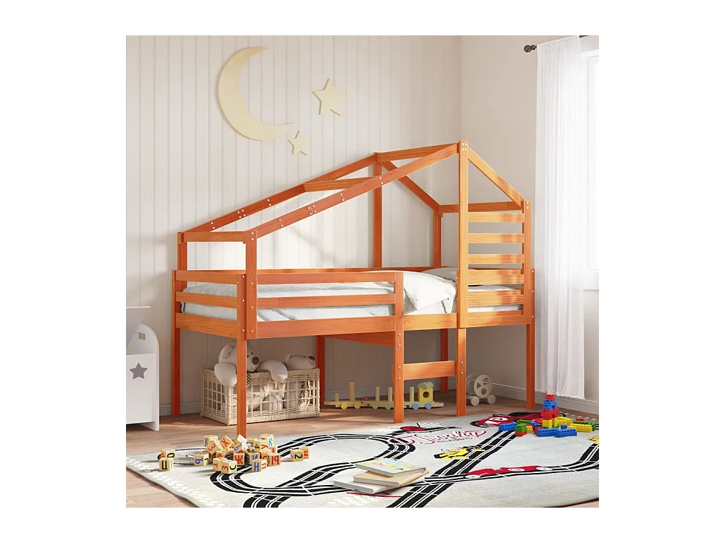Hochbett mit Dach Wachsbraun 90x200 cm Massivholz Kiefer