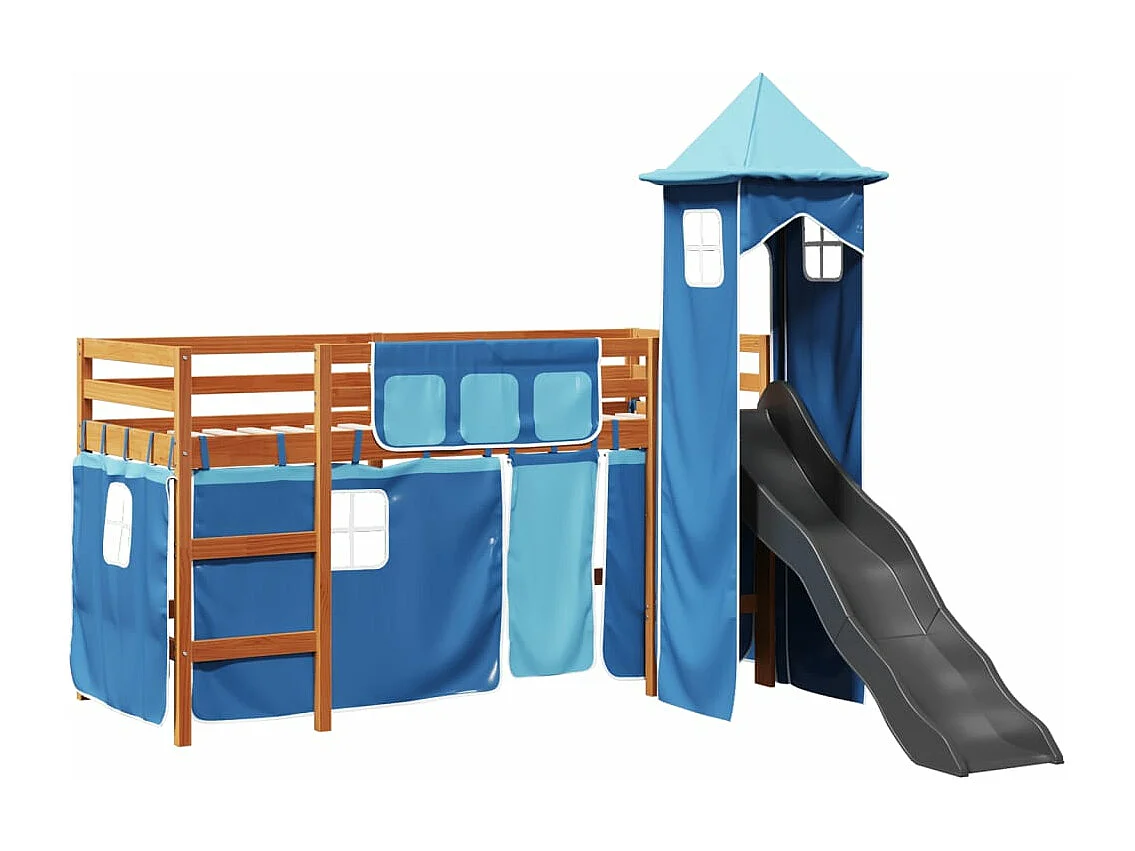 Kinderhochbett mit Turm Blau 80x200 cm Massivholz Kiefer