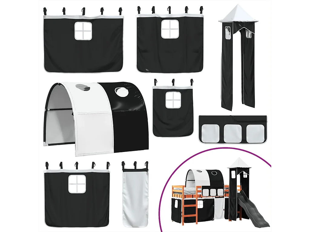 Lit mezzanine enfants avec tour blanc/noir 90x190 cm pin massif