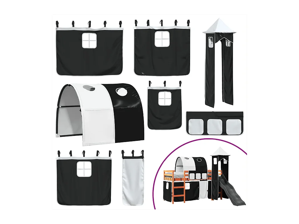 Lit mezzanine enfants avec tour blanc/noir 90x190 cm pin massif
