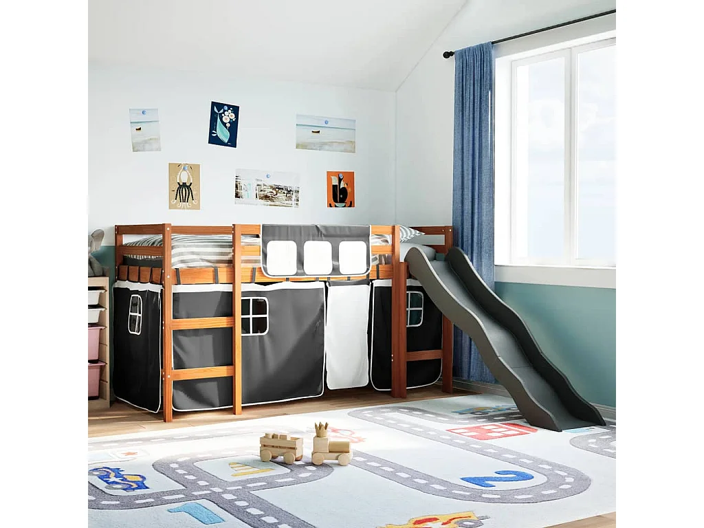 Lit mezzanine enfants et rideaux blanc/noir 90x190cm pin massif