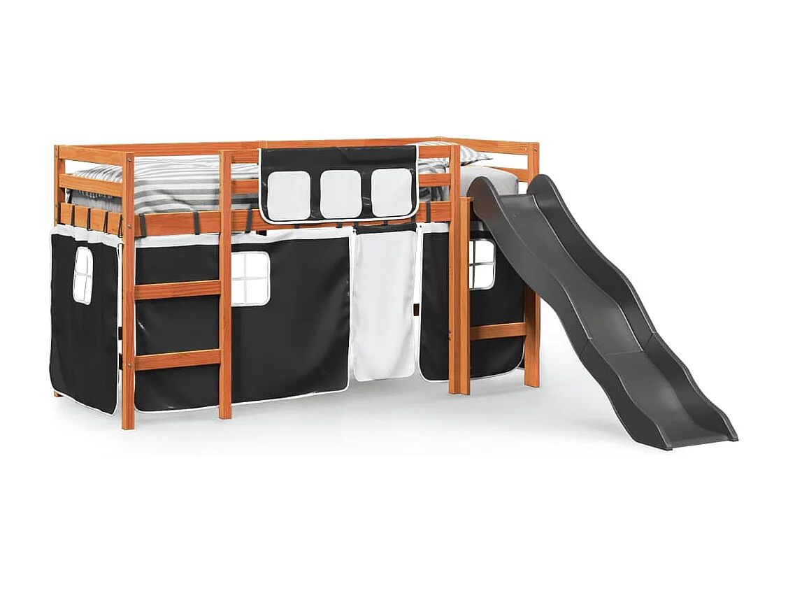 Lit mezzanine enfants et rideaux blanc/noir 90x190cm pin massif