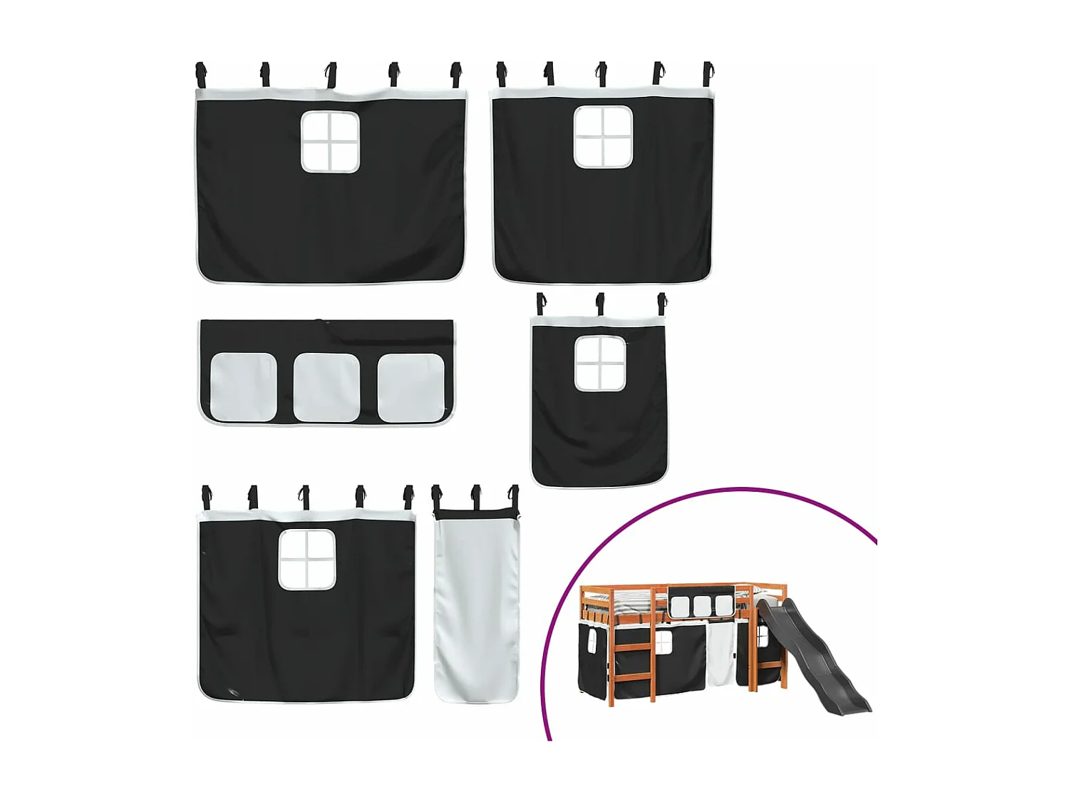 Lit mezzanine enfants et rideaux blanc/noir 90x190cm pin massif