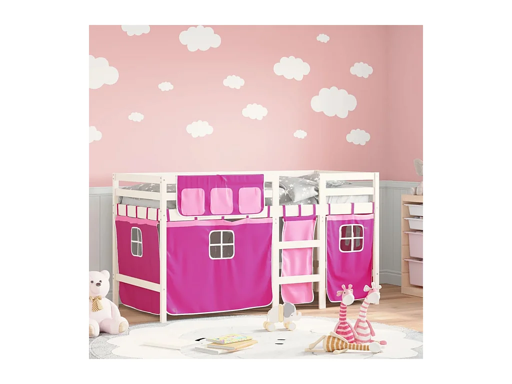 Kinderhoogslaper met gordijnen 80x200 cm grenenhout roze