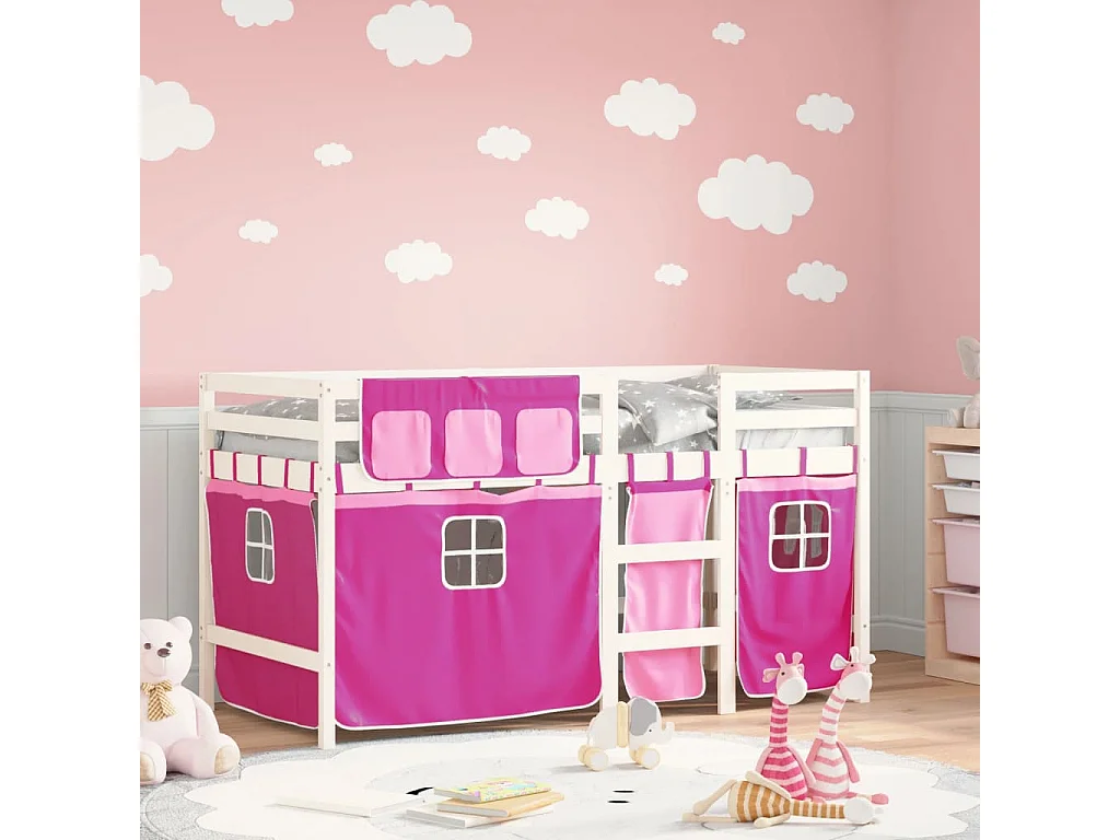 Letto a Soppalco con Tende Bambini Rosa 80x200 cm Massello Pino