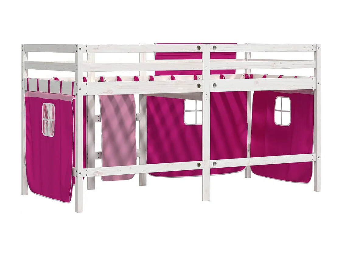 Letto a Soppalco con Tende Bambini Rosa 80x200 cm Massello Pino