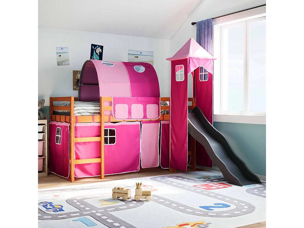 Cama alta para criança com torre 90x190 cm pinho maciço rosa