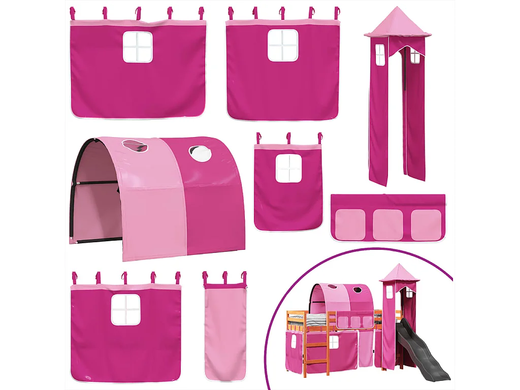 Cama alta para criança com torre 90x190 cm pinho maciço rosa
