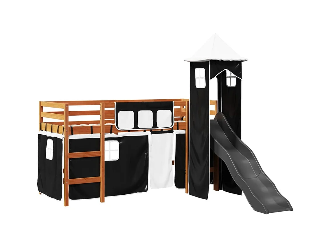 Kinderhochbett mit Turm Weiß & Schwarz 80x200 cm Kiefernholz