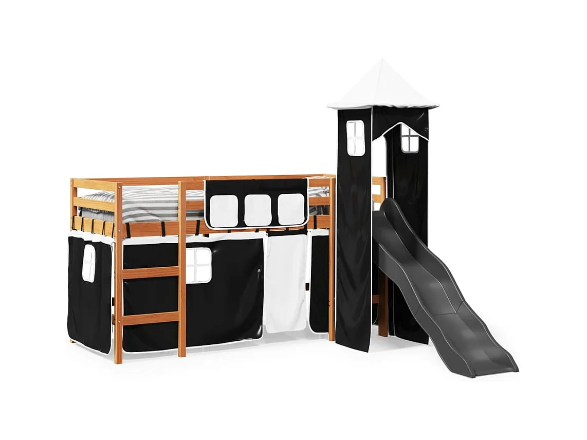 Kinderhochbett mit Turm Weiß & Schwarz 80x200 cm Kiefernholz
