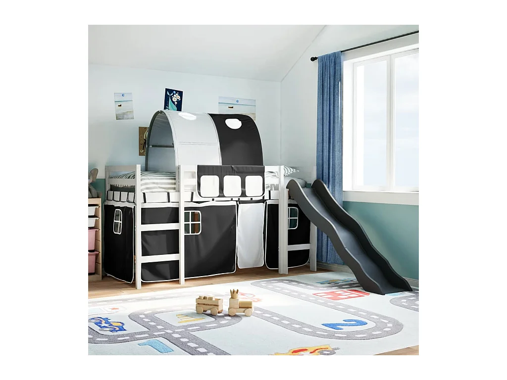 Kinderhochbett mit Tunnel Weiß & Schwarz 80x200 cm Kiefernholz