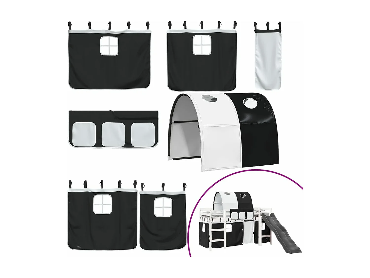 Lit mezzanine enfants et tunnel blanc/noir 80x200cm pin massif