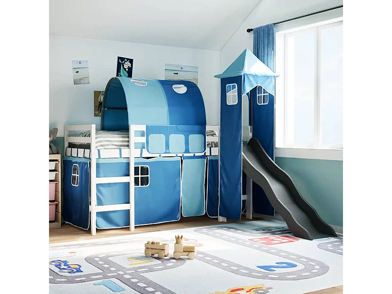 Kinderhochbett mit Turm Blau 80x200 cm Massivholz Kiefer