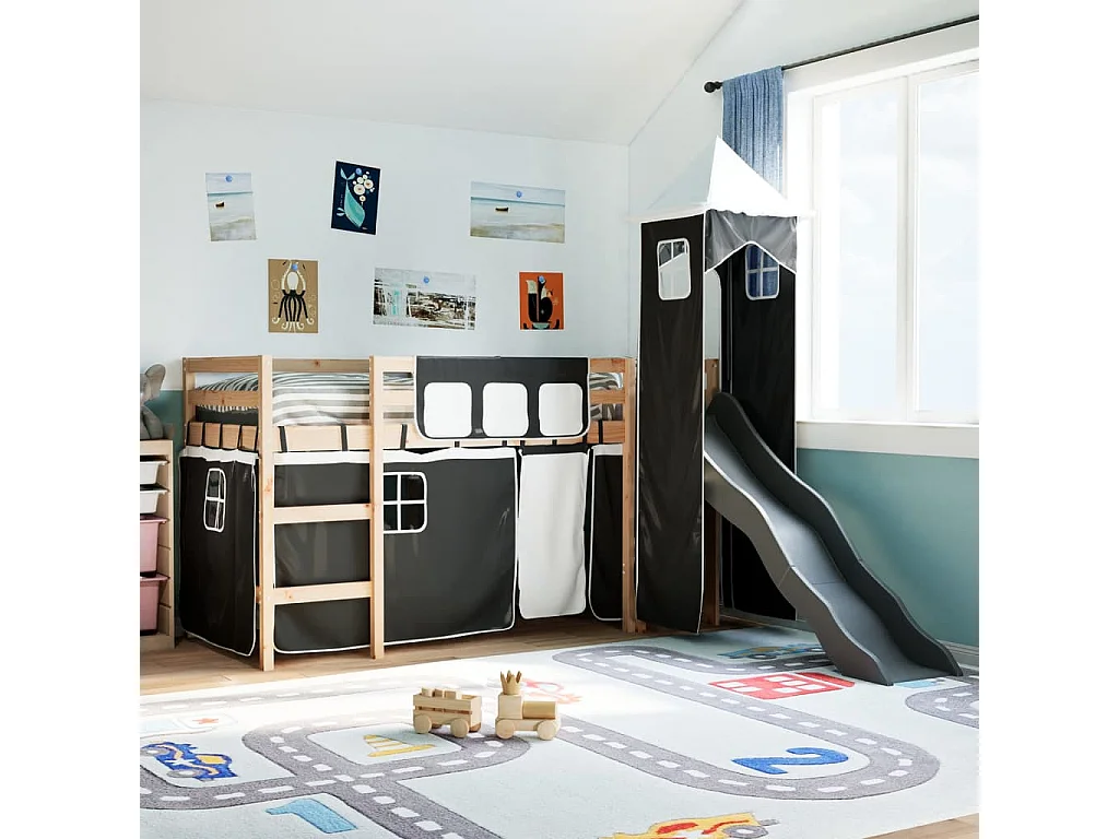 Cama alta criança c/ torre 90x190 cm pinho maciço branco/preto