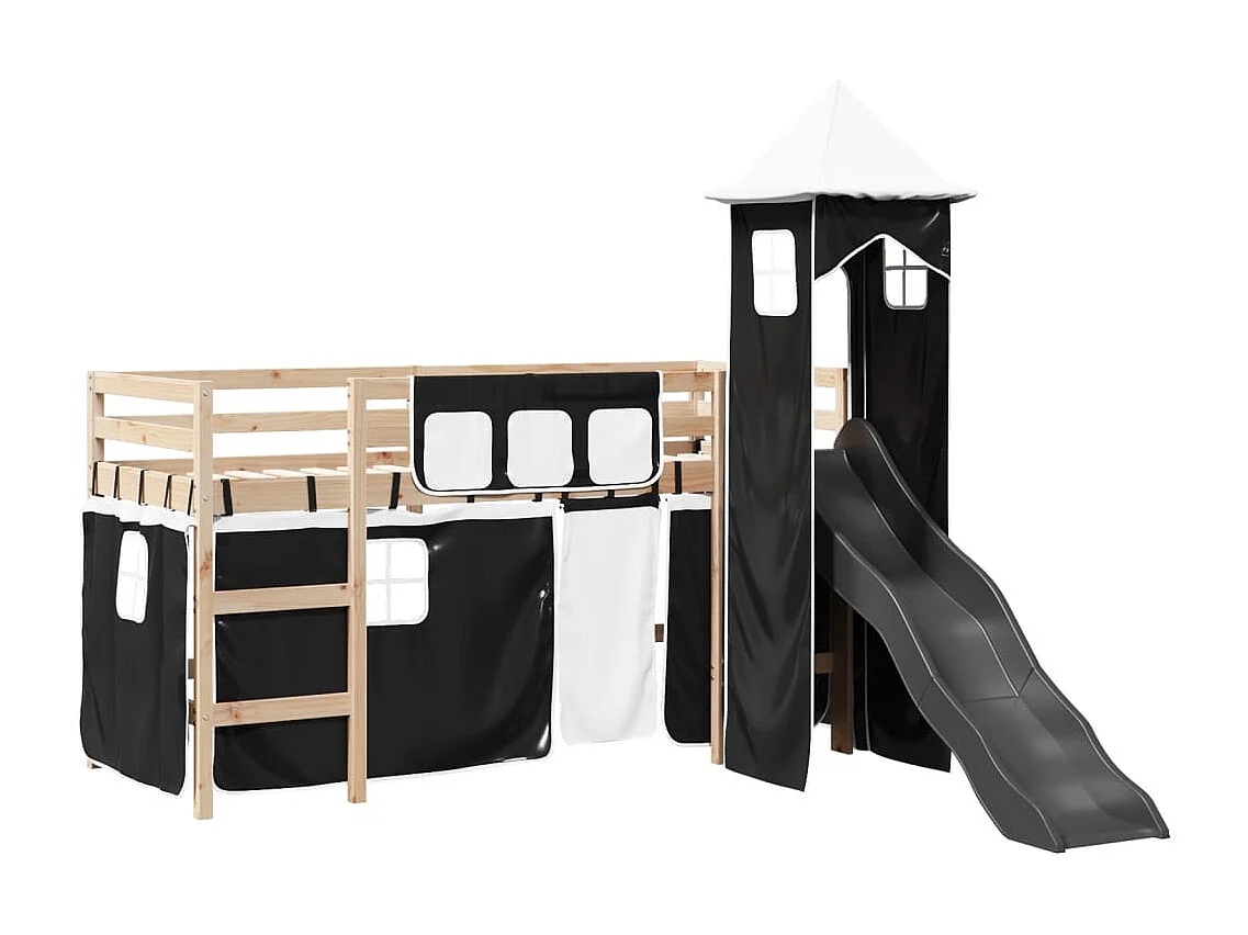 Cama alta criança c/ torre 90x190 cm pinho maciço branco/preto
