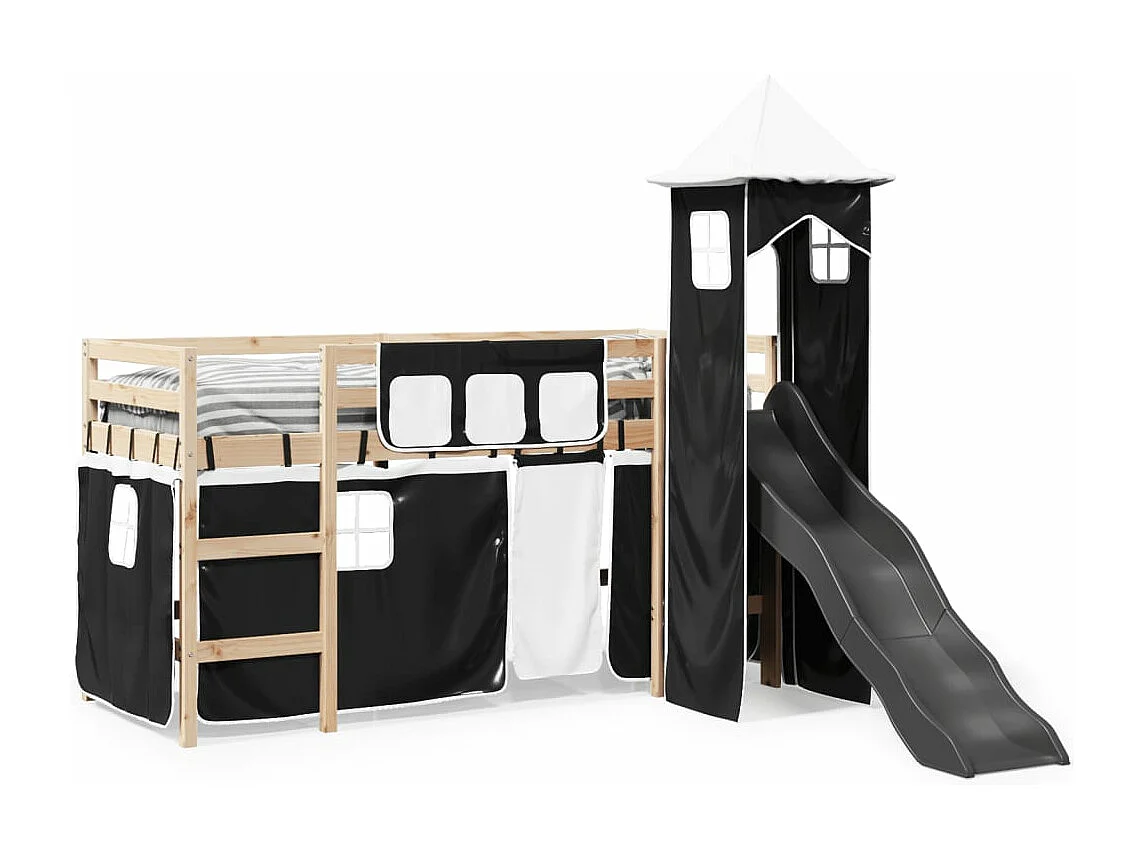Cama alta criança c/ torre 90x190 cm pinho maciço branco/preto