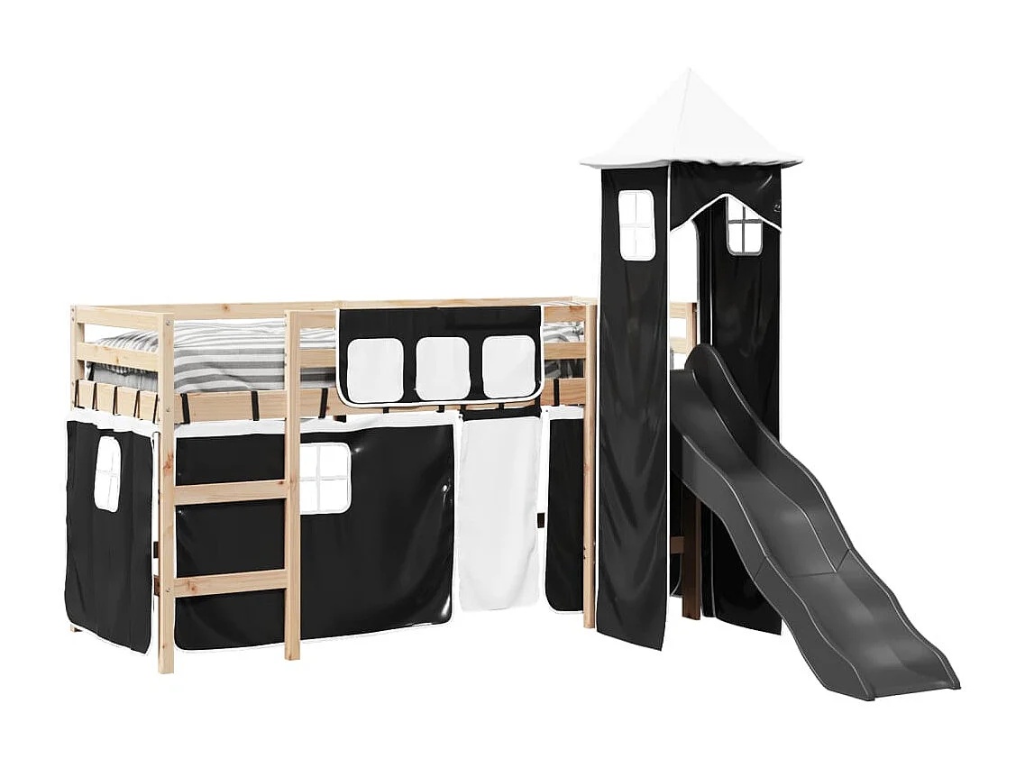 Cama alta criança c/ torre 90x190 cm pinho maciço branco/preto