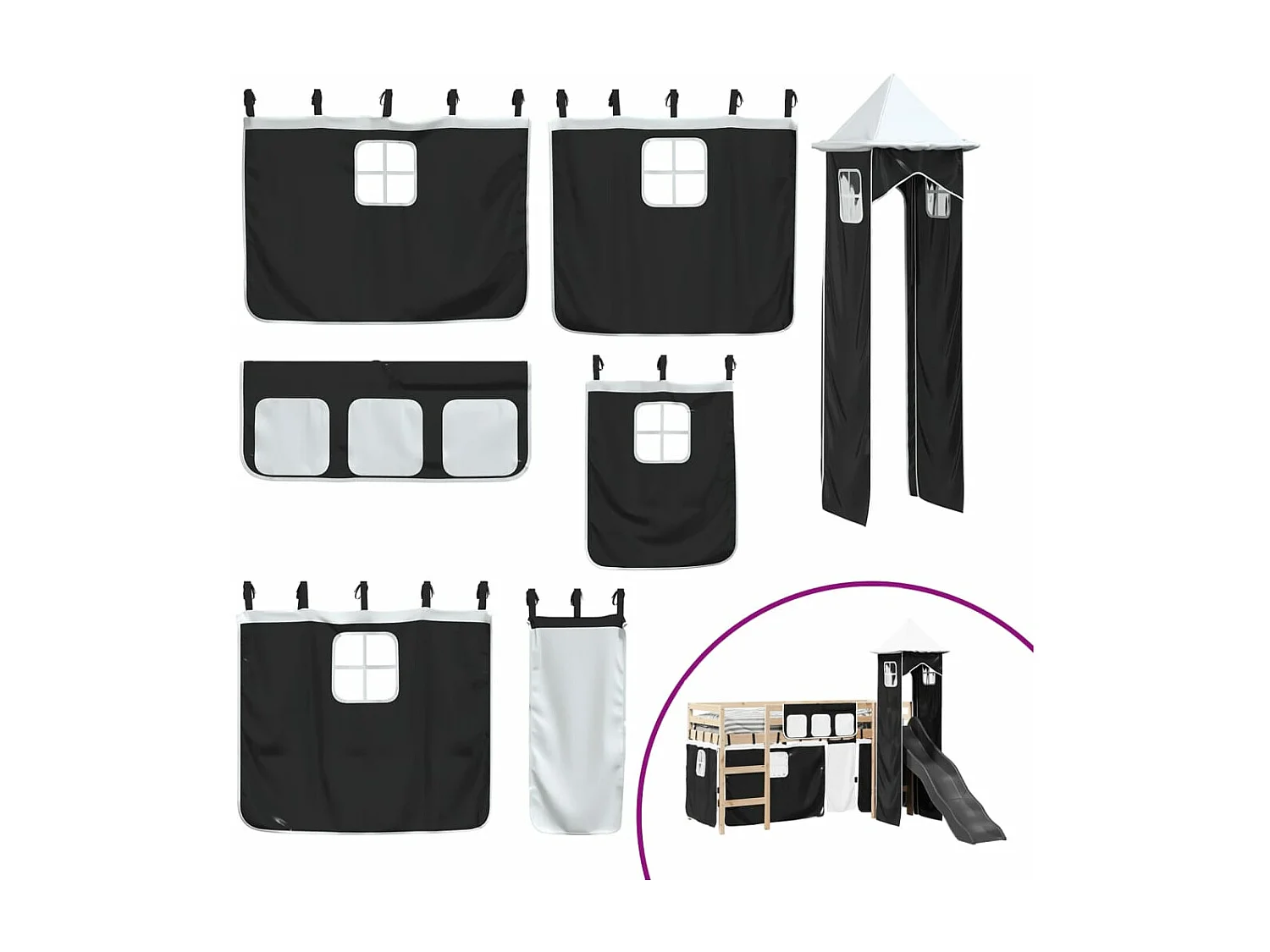 Cama alta criança c/ torre 90x190 cm pinho maciço branco/preto