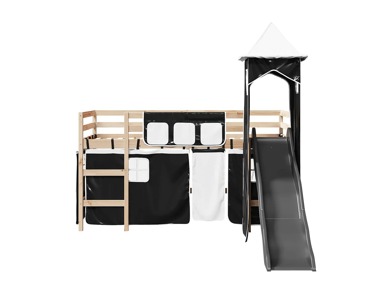 Cama alta criança c/ torre 90x190 cm pinho maciço branco/preto