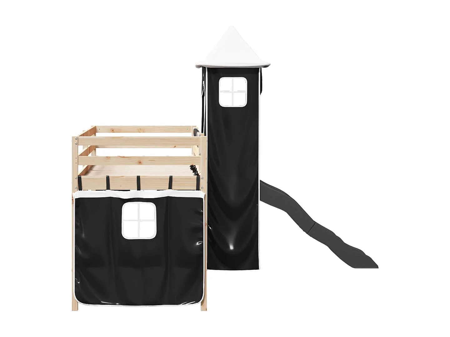 Cama alta criança c/ torre 90x190 cm pinho maciço branco/preto