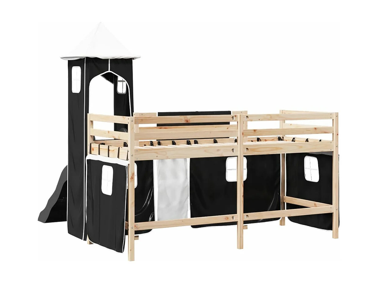Cama alta criança c/ torre 90x190 cm pinho maciço branco/preto
