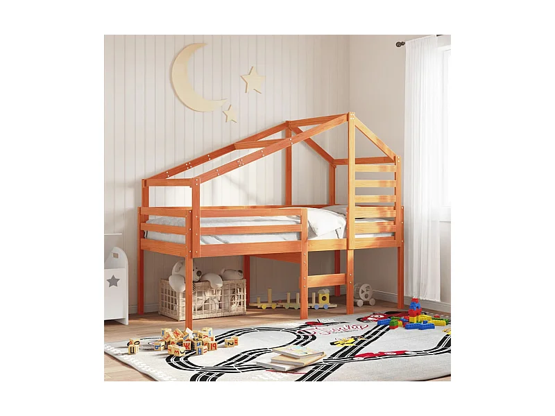 Letto a Soppalco con Tetto Cera 80x200 cm in Legno di Pino