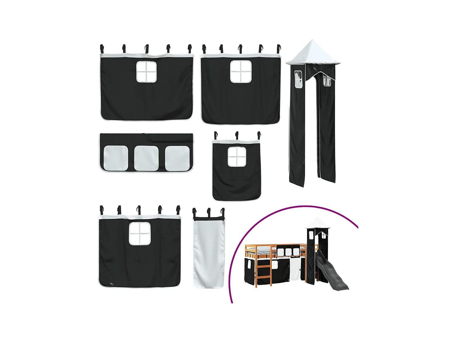 Lit mezzanine enfants et tour blanc/noir 90x200 cm pin massif