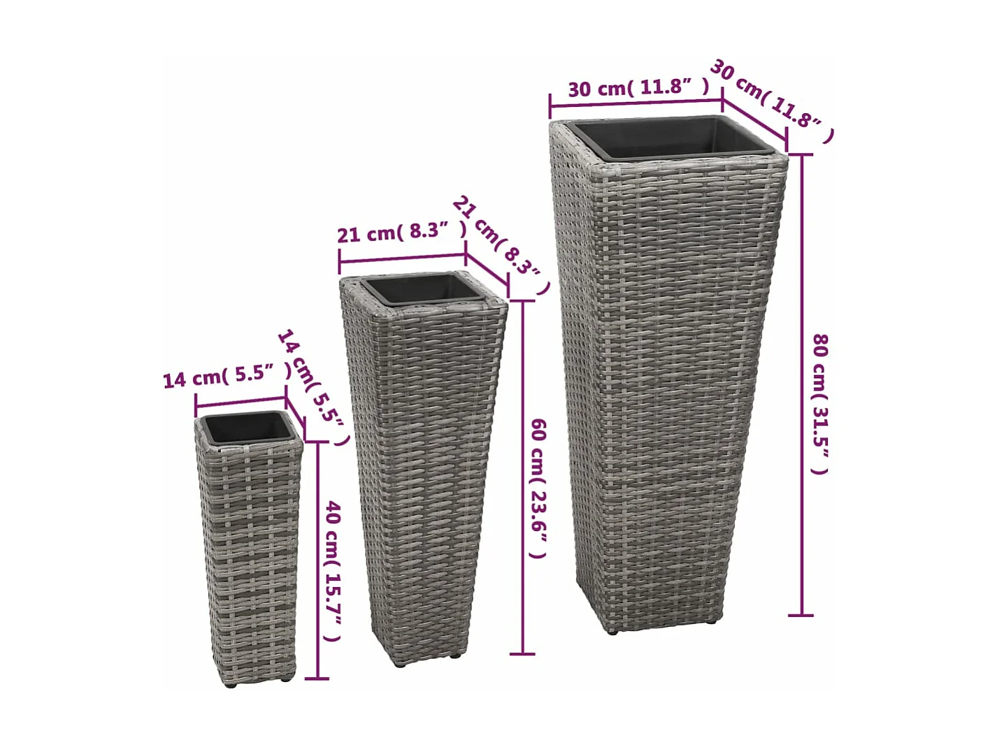 Vasos/floreiras de jardim elevados 3 pcs vime PE cinzento