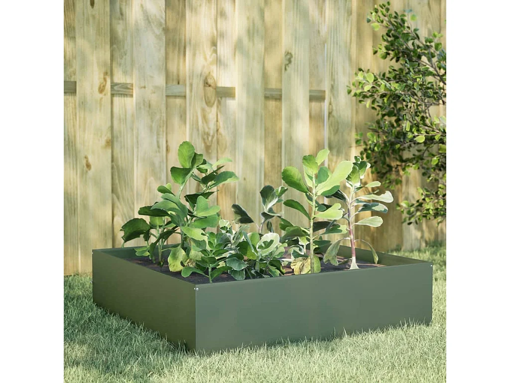Lit surélevé de jardin vert olive 100x100x25 cm acier