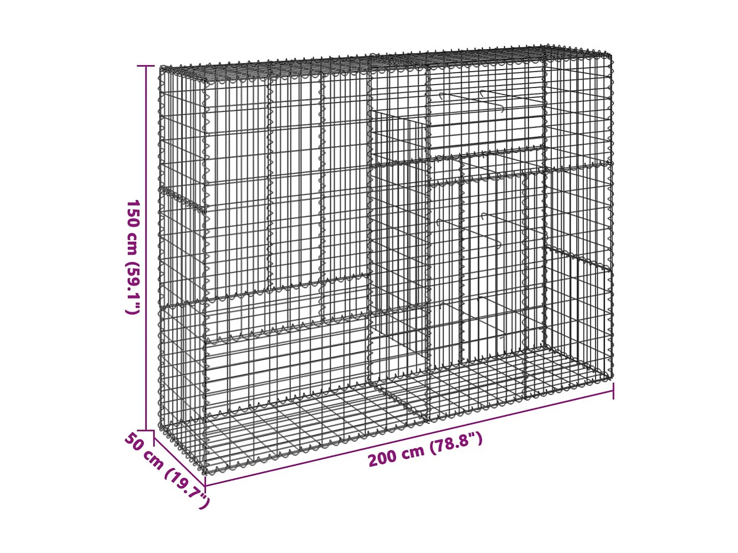 Cesta de gaviones con cubierta hierro galvanizado 200x50x150 cm