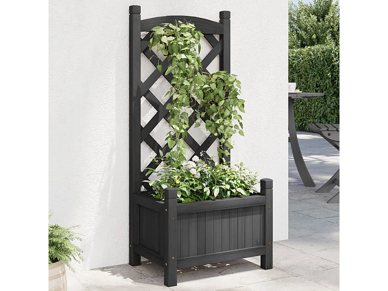 Jardinière avec treillis noir bois massif de sapin