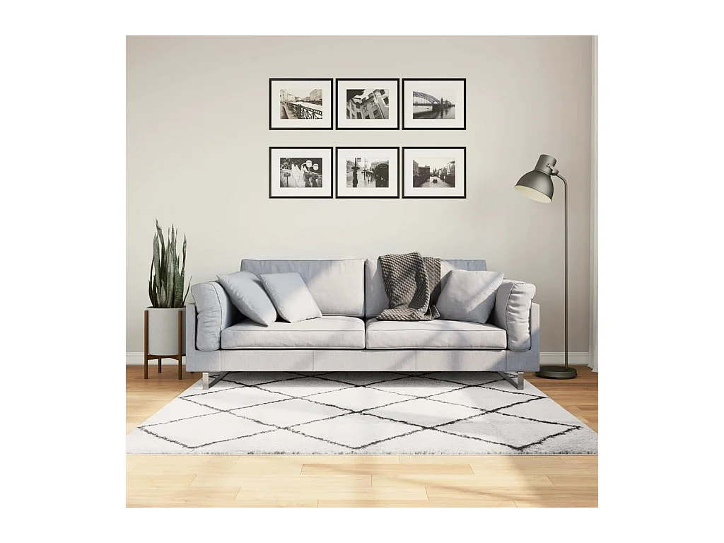 Tapis shaggy à poils longs moderne crème et noir 160x160 cm