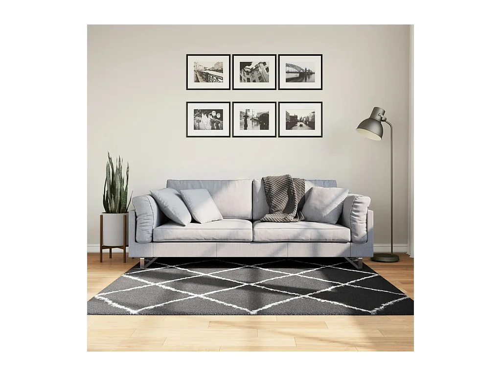 Tapis shaggy à poils longs moderne noir et crème 160x160 cm