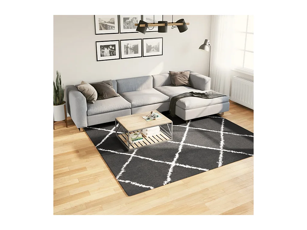 Teppich Shaggy Hochflor Modern Schwarz und Creme 240x240 cm