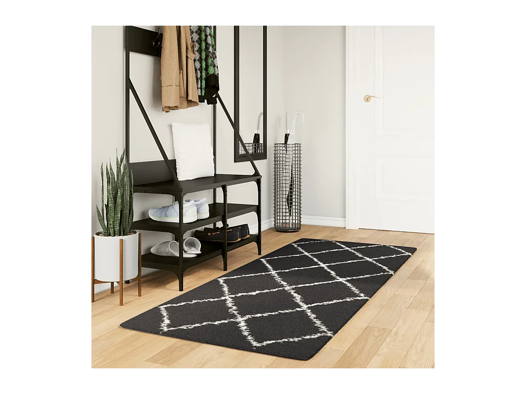 Vloerkleed PAMPLONA shaggy hoogpolig 80x200 cm zwart en crème