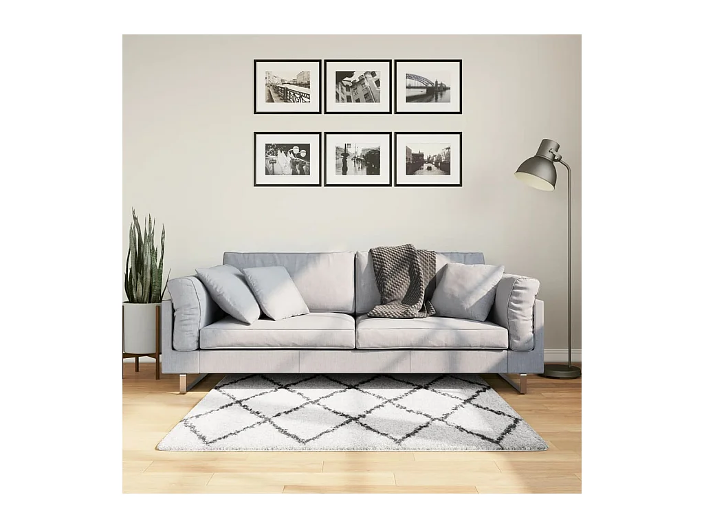Tapis shaggy à poils longs moderne crème et noir 120x120 cm