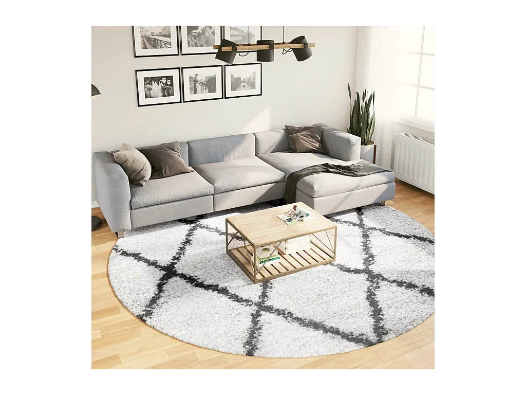 Teppich Shaggy Hochflor Modern Creme und Schwarz Ø 280 cm