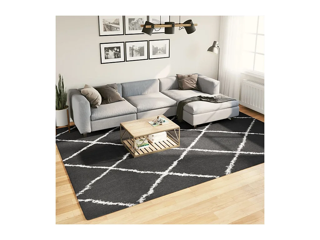 Tapis shaggy à poils longs moderne noir et crème 240x340 cm