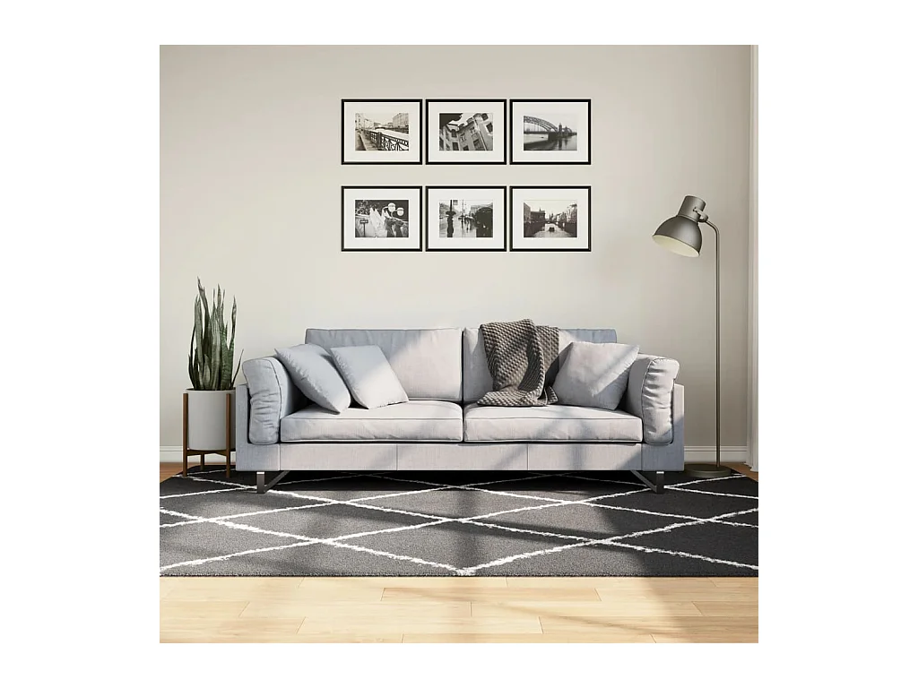 Teppich Shaggy Hochflor Modern Schwarz und Creme 160x230 cm