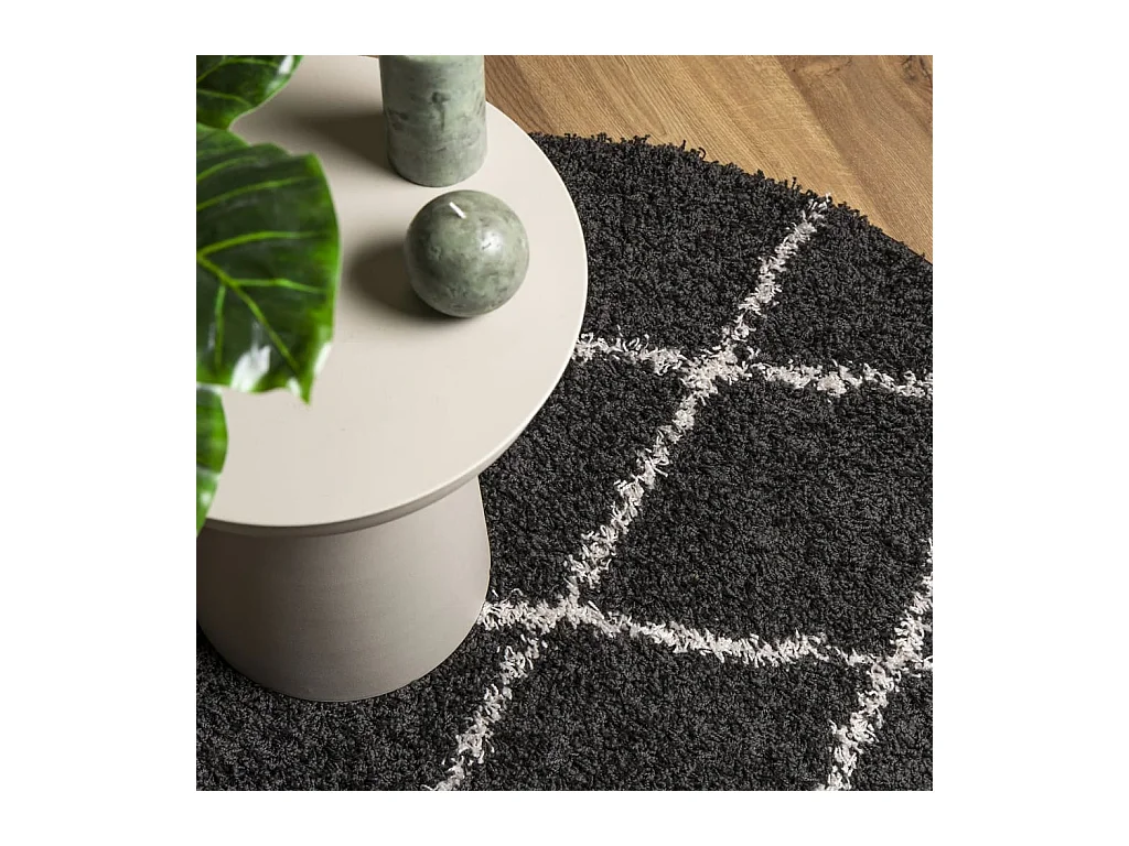 Tapis shaggy à poils longs moderne noir et crème Ø 80 cm