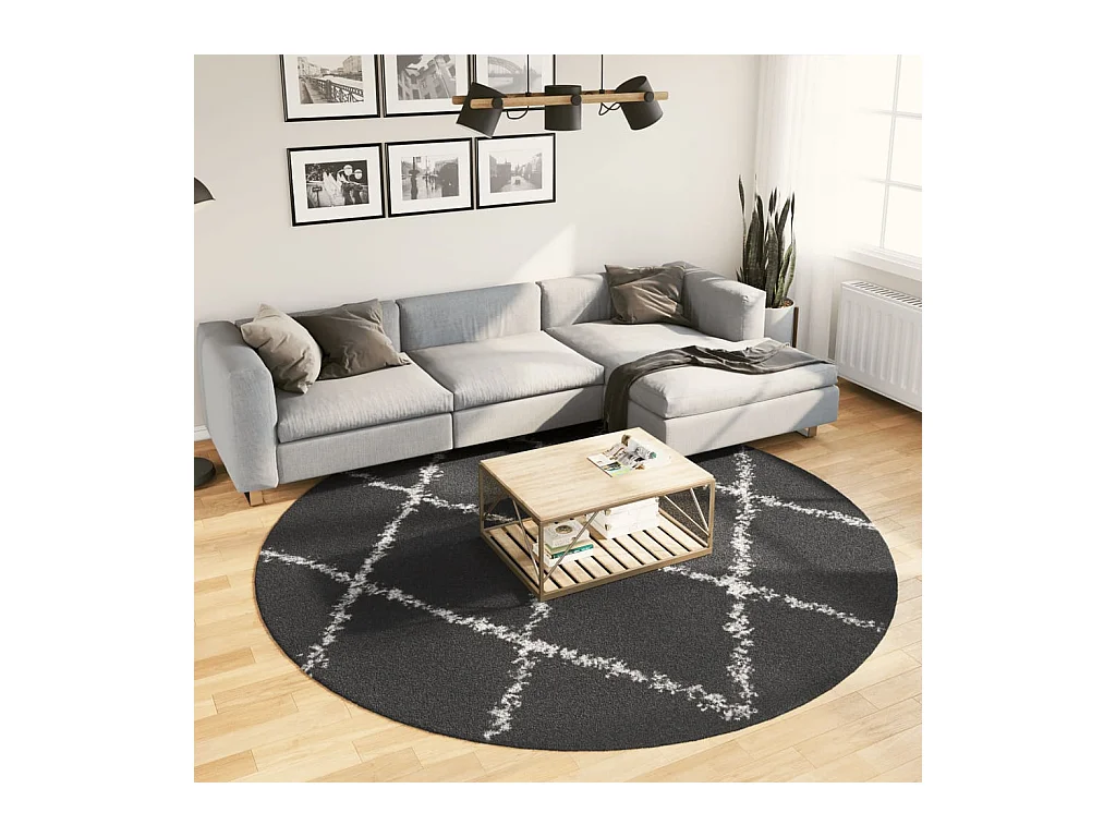 Tappeto Shaggy PAMPLONA a Pelo Lungo Nero e Crema Ø 240 cm