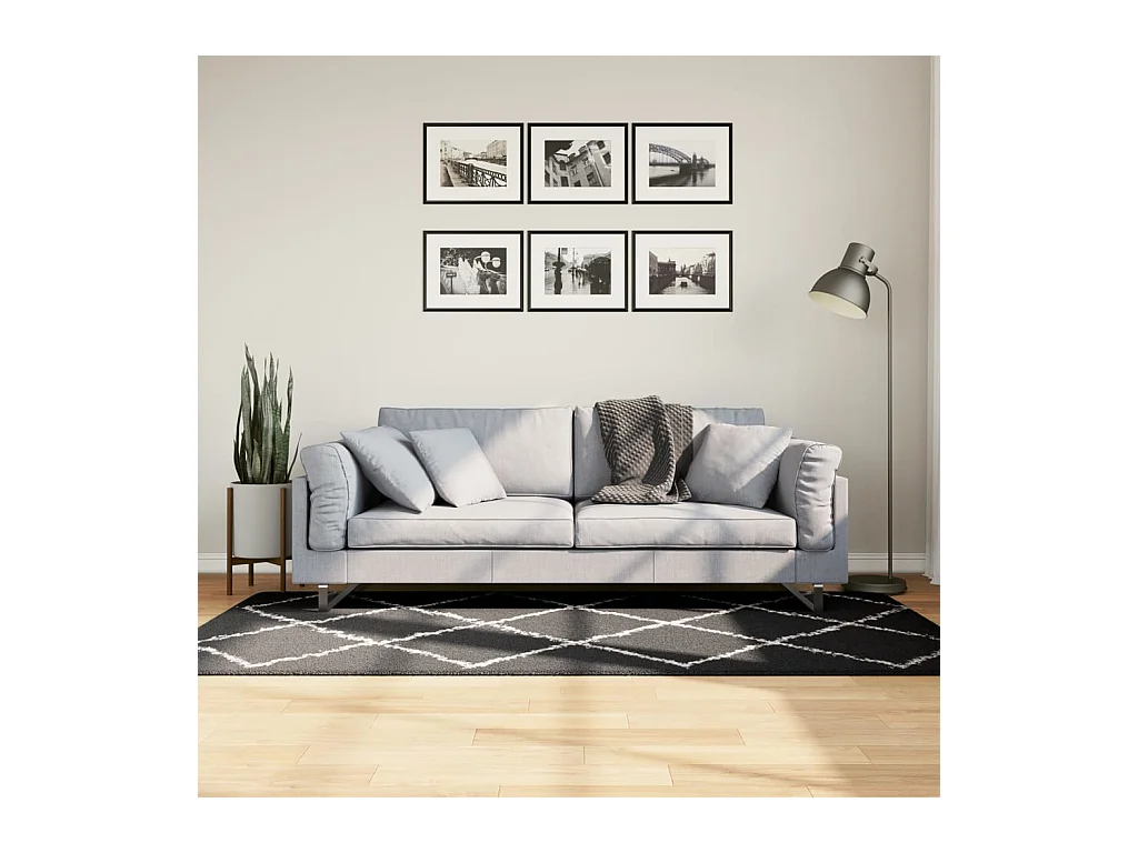 Tapis shaggy à poils longs moderne noir et crème 100x200 cm