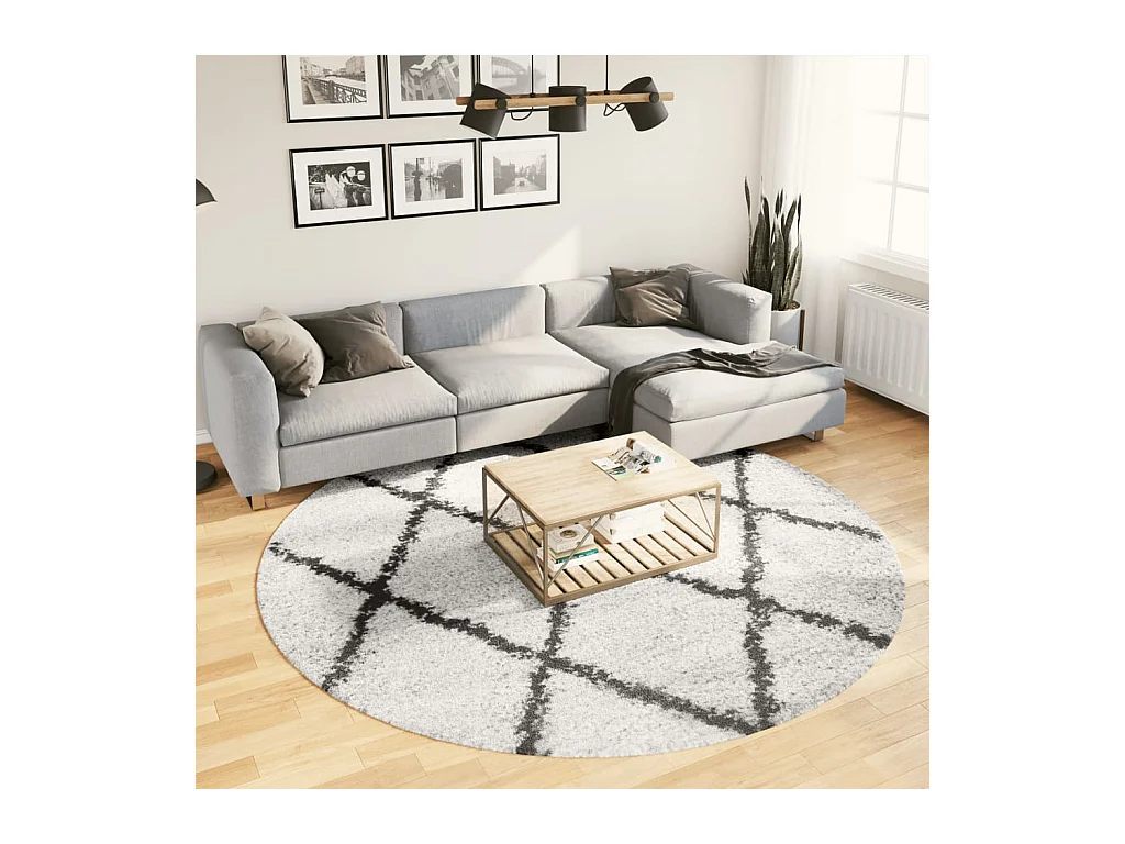 Tappeto Shaggy PAMPLONA a Pelo Lungo Crema e Nero Ø 240 cm