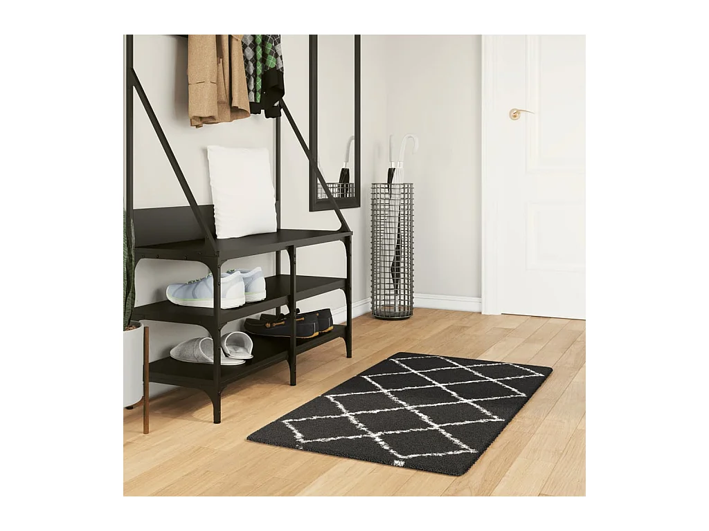 Teppich Shaggy Hochflor Modern Schwarz und Creme 60x110 cm