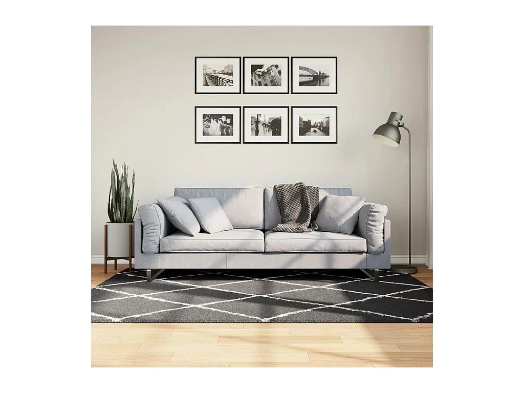 Tapis shaggy à poils longs moderne noir et crème 140x200 cm