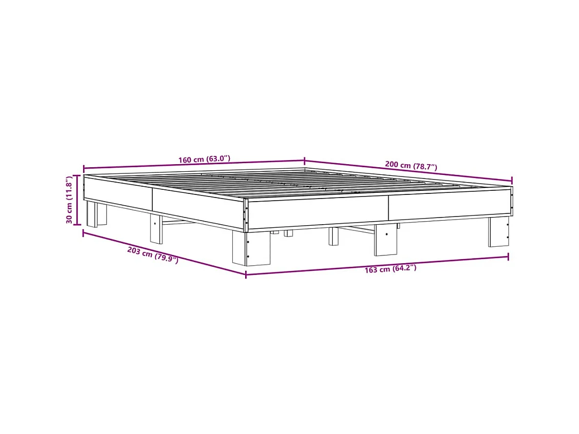 Bettgestell Grau Sonoma 160x200 cm Holzwerkstoff und Metall
