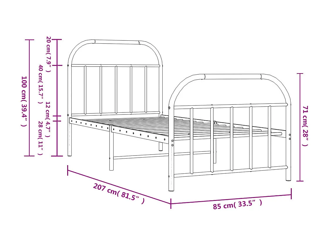 Cadre de lit métal sans matelas avec pied de lit noir 80x200 cm