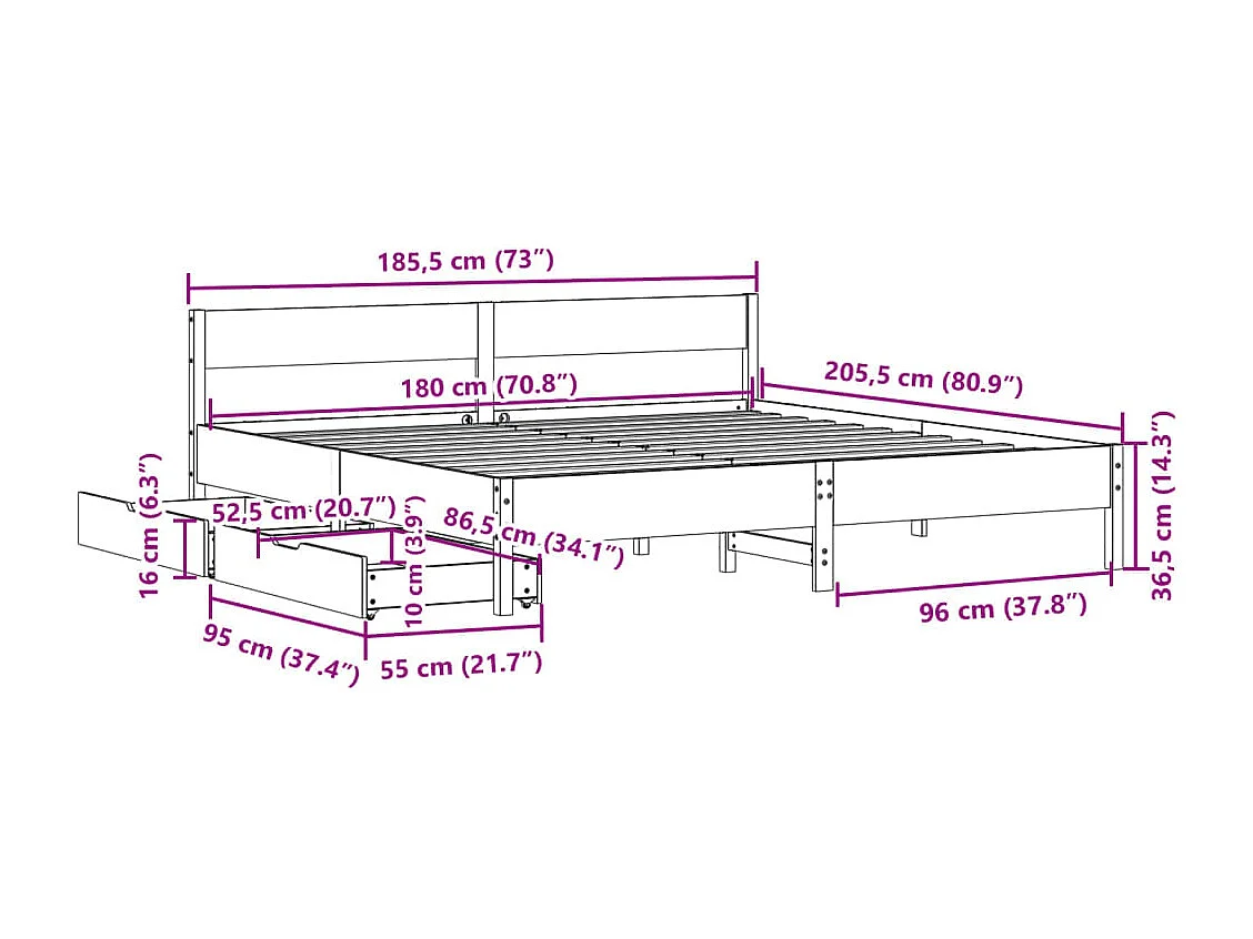 Cama sin colchón madera maciza de pino marrón cera 180x200 cm