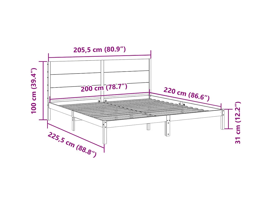 Cadre de lit extra long sans matelas 200x220 cm bois massif