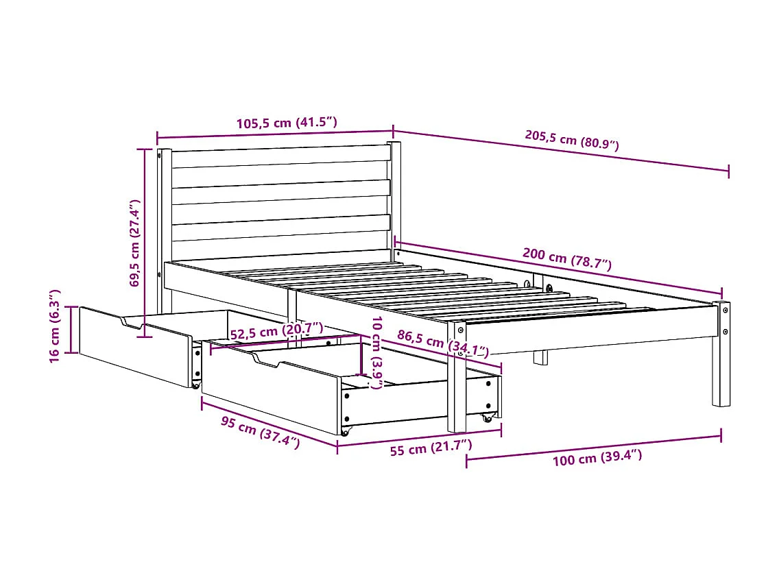 Giroletto senza Materasso 100x200 cm in Legno Massello di Pino